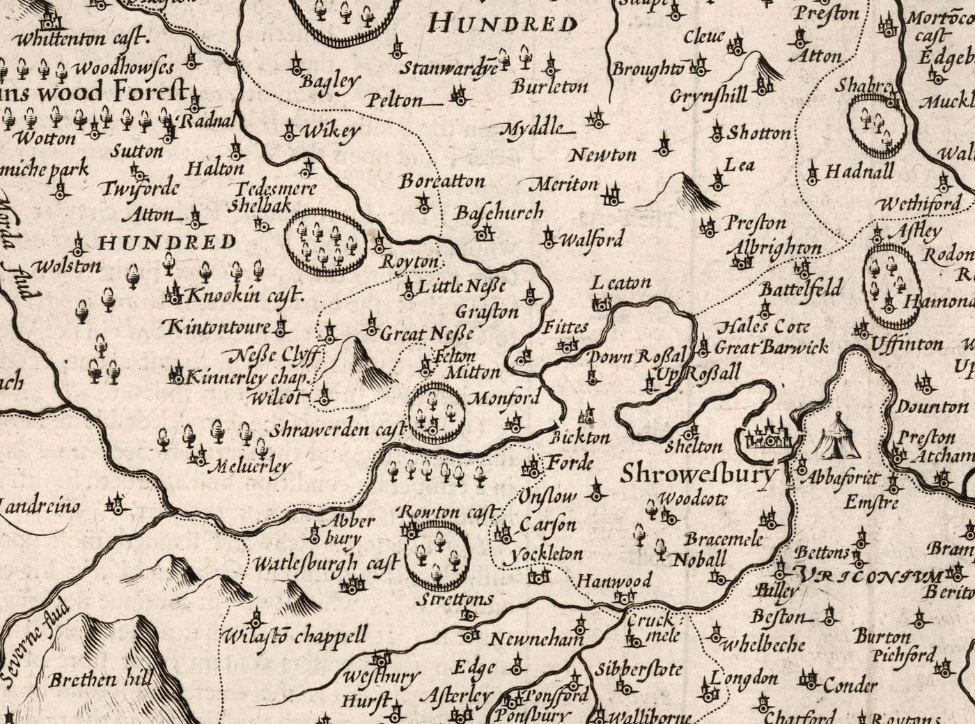 Alte Karte von Shropshire im Jahr 1611 von John Speed - Shrewsbury, Telford, Bridgnorth, Oswestry, Newport, Ludlow 