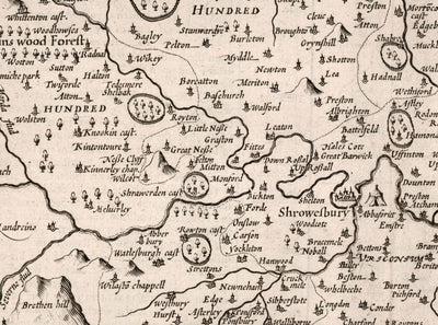 Alte Karte von Shropshire im Jahr 1611 von John Speed - Shrewsbury, Telford, Bridgnorth, Oswestry, Newport, Ludlow 