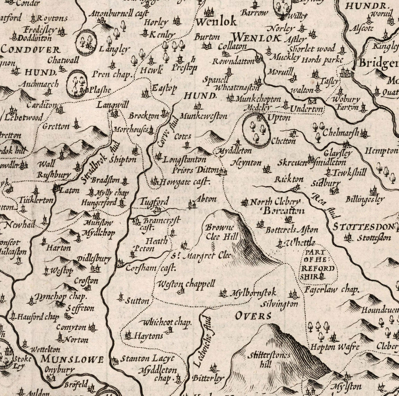 Alte Karte von Shropshire im Jahr 1611 von John Speed - Shrewsbury, Telford, Bridgnorth, Oswestry, Newport, Ludlow 