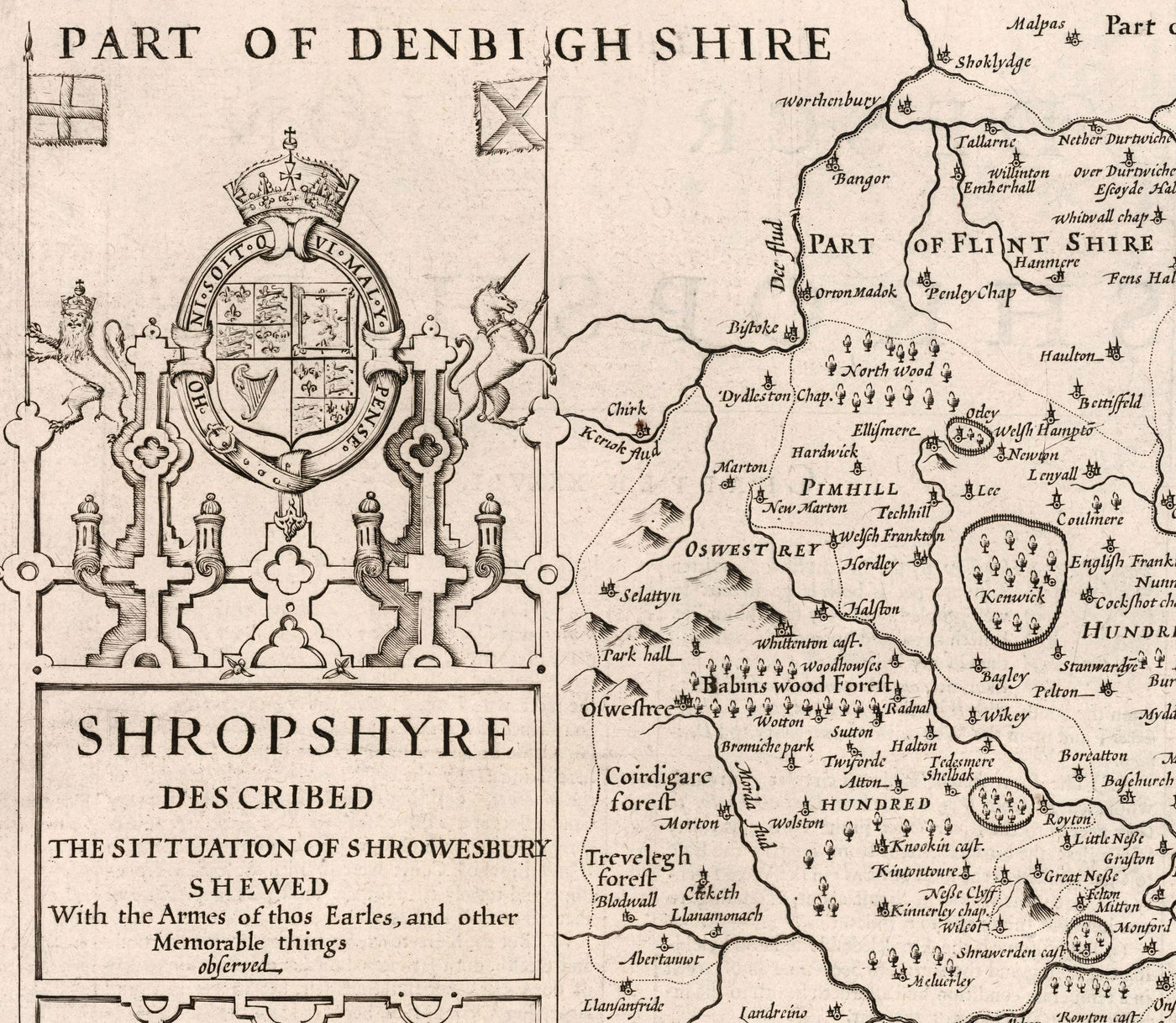 Alte Karte von Shropshire im Jahr 1611 von John Speed - Shrewsbury, Telford, Bridgnorth, Oswestry, Newport, Ludlow 