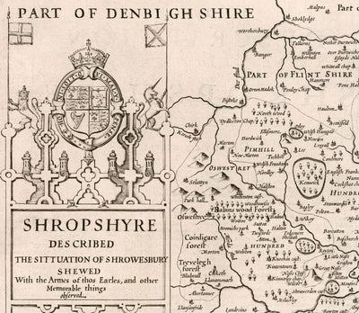 Alte Karte von Shropshire im Jahr 1611 von John Speed - Shrewsbury, Telford, Bridgnorth, Oswestry, Newport, Ludlow 