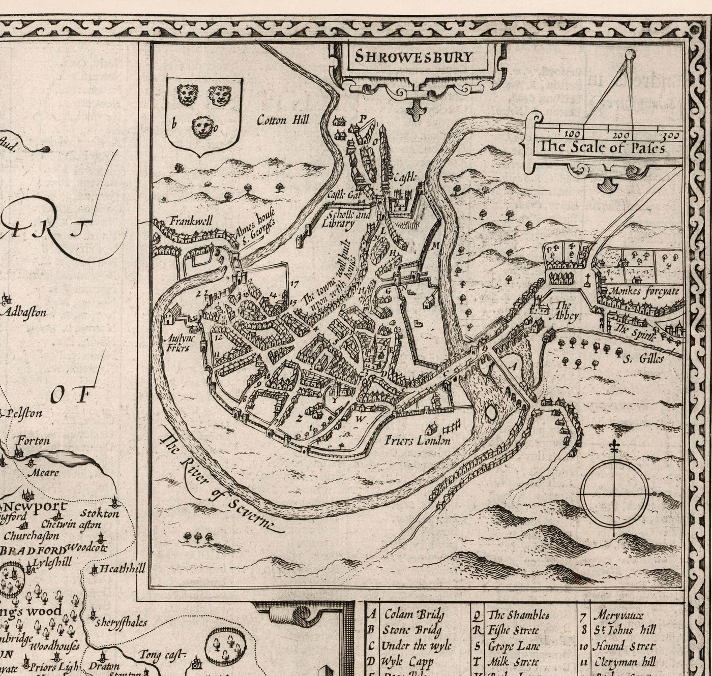 Alte Karte von Shropshire im Jahr 1611 von John Speed - Shrewsbury, Telford, Bridgnorth, Oswestry, Newport, Ludlow 