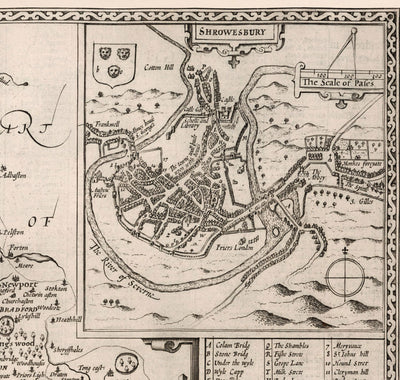Alte Karte von Shropshire im Jahr 1611 von John Speed - Shrewsbury, Telford, Bridgnorth, Oswestry, Newport, Ludlow 