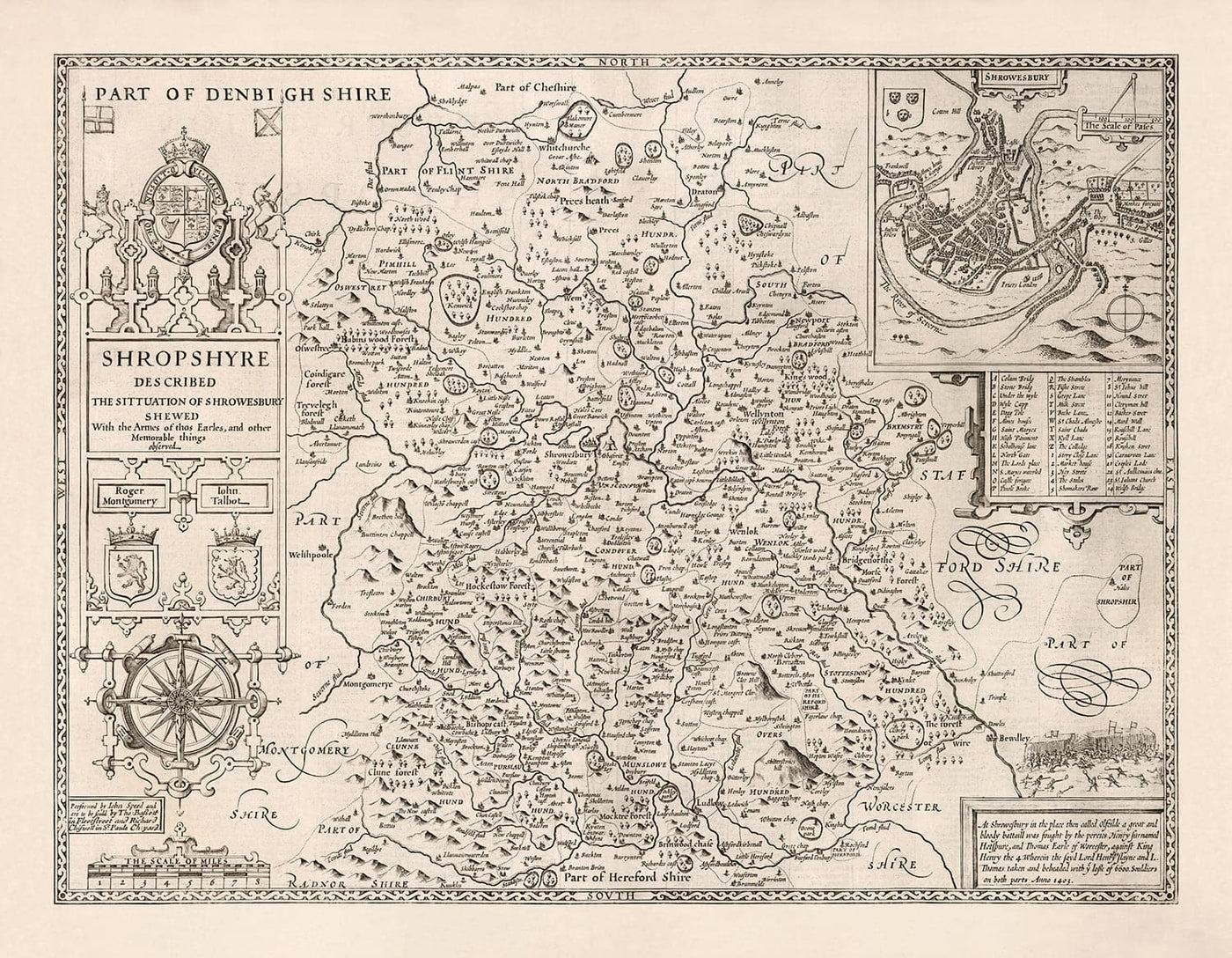 Alte Karte von Shropshire im Jahr 1611 von John Speed - Shrewsbury, Telford, Bridgnorth, Oswestry, Newport, Ludlow 