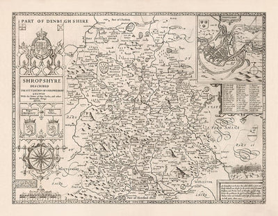 Alte Karte von Shropshire im Jahr 1611 von John Speed - Shrewsbury, Telford, Bridgnorth, Oswestry, Newport, Ludlow 