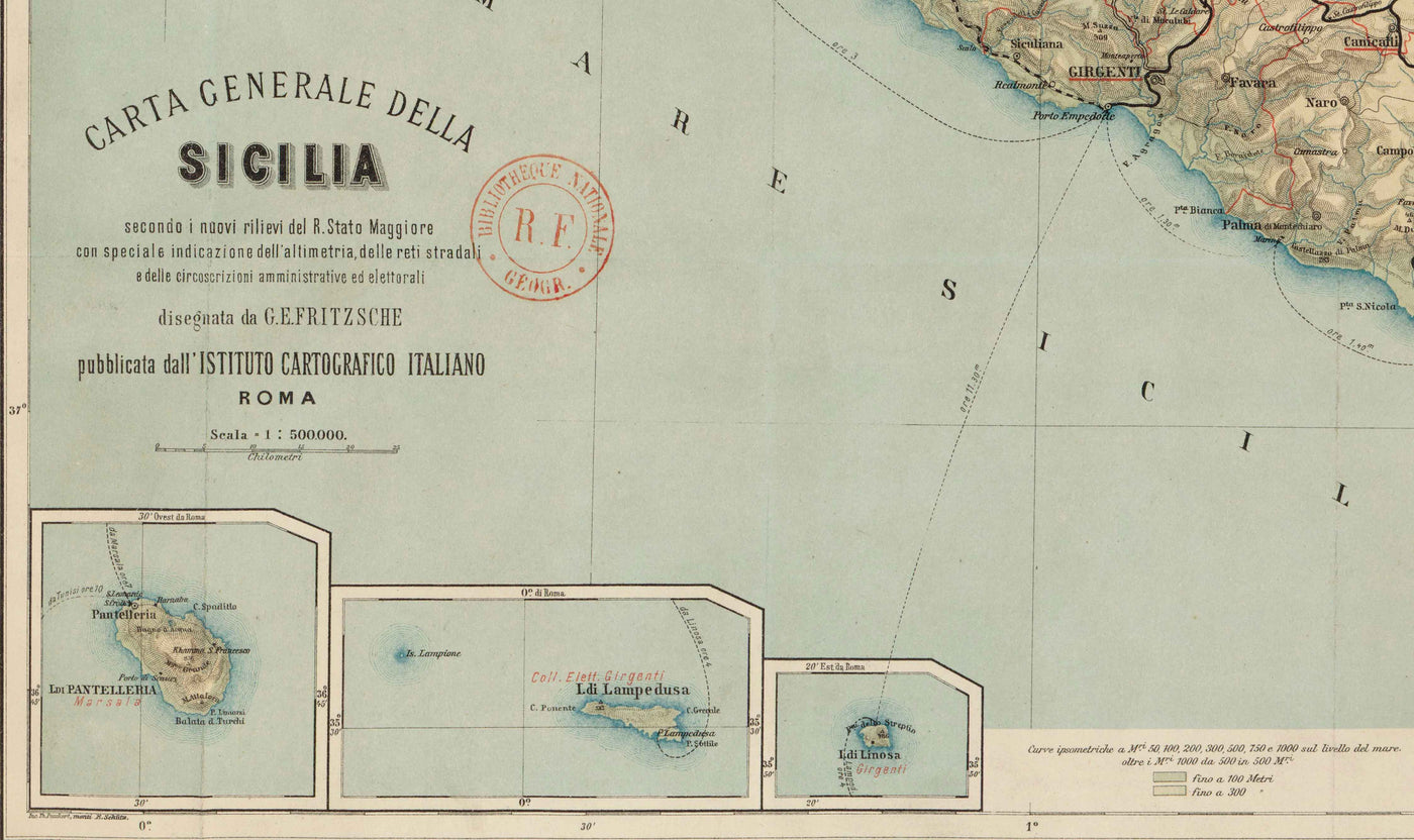 Alte Karte von Sizilien im Jahr 1891 von Wilhelm Fritzsche - Palermo, Catania, Messina, Marsala, Sciacca 