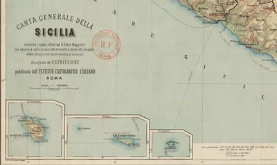 Alte Karte von Sizilien im Jahr 1891 von Wilhelm Fritzsche - Palermo, Catania, Messina, Marsala, Sciacca 