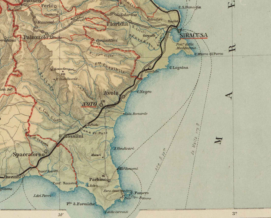 Mappa antica della Sicilia nel 1891 di Wilhelm Fritzsche - Palermo, Catania, Messina, Marsala, Sciacca 