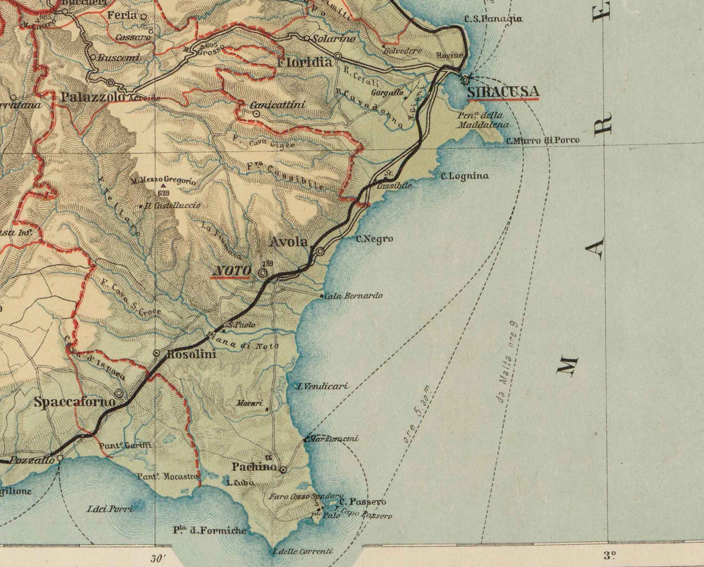 Alte Karte von Sizilien im Jahr 1891 von Wilhelm Fritzsche - Palermo, Catania, Messina, Marsala, Sciacca 