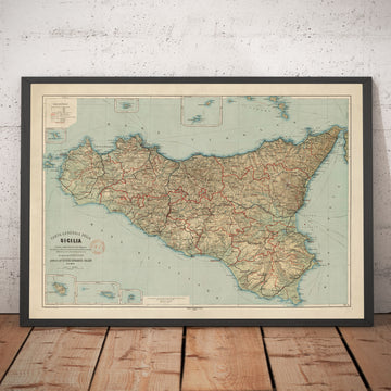 Old Map of Sicily in 1891 by Wilhelm Fritzsche - Palermo, Catania, Messina, Marsala, Sciacca