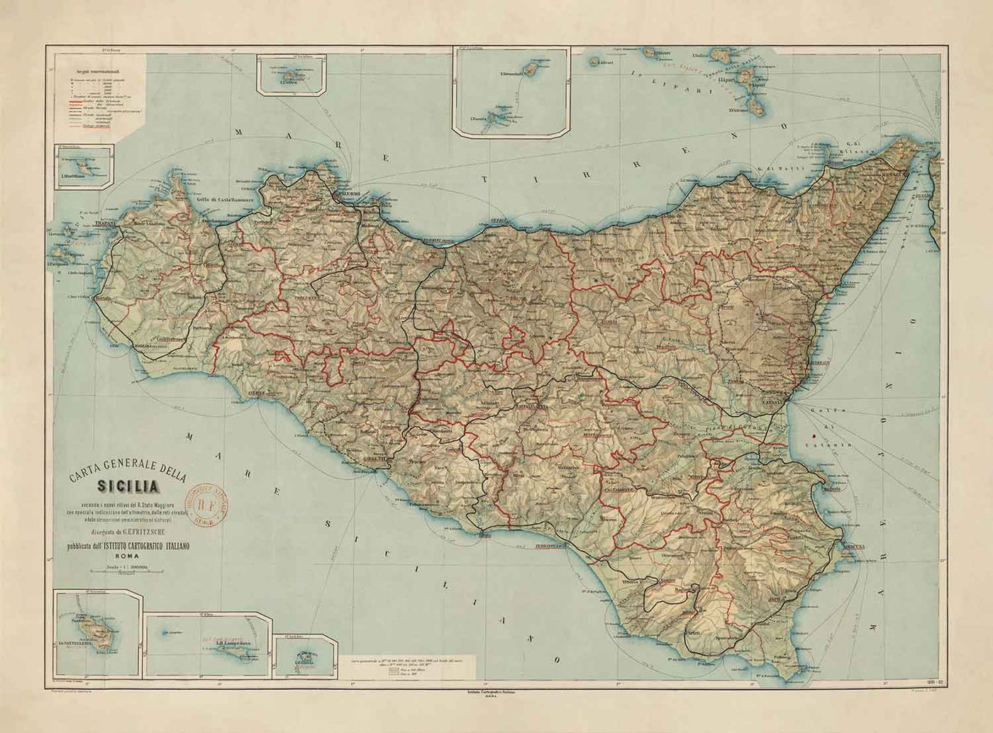 Alte Karte von Sizilien im Jahr 1891 von Wilhelm Fritzsche - Palermo, Catania, Messina, Marsala, Sciacca 