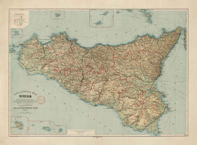 Alte Karte von Sizilien im Jahr 1891 von Wilhelm Fritzsche - Palermo, Catania, Messina, Marsala, Sciacca 