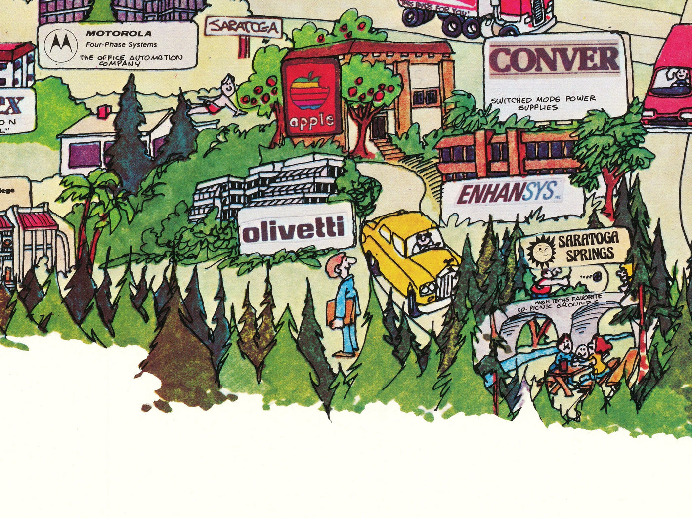 Rare Old Map of Silicon Valley, 1985 - Pictorial Chart of Mountainview, Sunnyvale, Cupertino, San Jose, Fremont