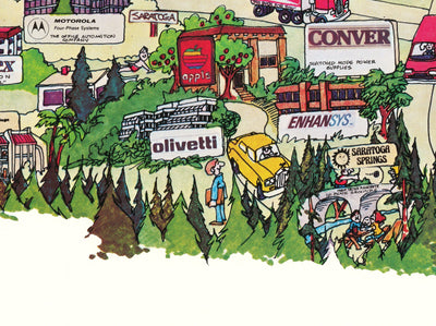 Rare Old Map of Silicon Valley, 1985 - Pictorial Chart of Mountainview, Sunnyvale, Cupertino, San Jose, Fremont
