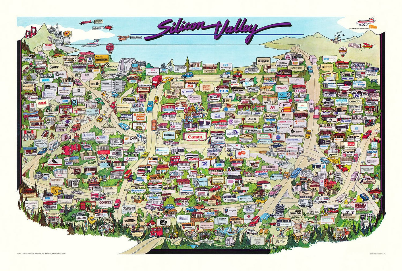 Rare Old Map of Silicon Valley, 1985 - Pictorial Chart of Mountainview, Sunnyvale, Cupertino, San Jose, Fremont
