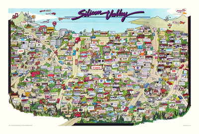 Rare Old Map of Silicon Valley, 1985 - Pictorial Chart of Mountainview, Sunnyvale, Cupertino, San Jose, Fremont