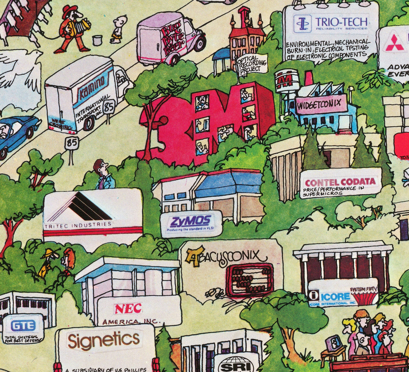 Rare Old Map of Silicon Valley, 1985 - Pictorial Chart of Mountainview, Sunnyvale, Cupertino, San Jose, Fremont