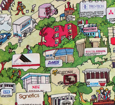 Rare Old Map of Silicon Valley, 1985 - Pictorial Chart of Mountainview, Sunnyvale, Cupertino, San Jose, Fremont