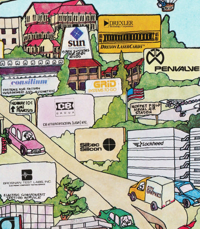 Rare Old Map of Silicon Valley, 1985 - Pictorial Chart of Mountainview, Sunnyvale, Cupertino, San Jose, Fremont