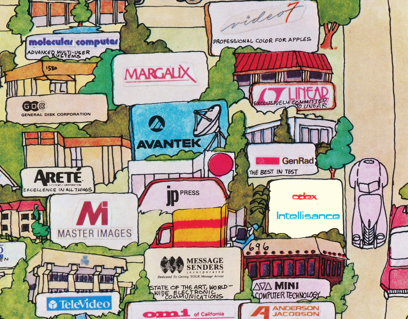 Rare Old Map of Silicon Valley, 1985 - Pictorial Chart of Mountainview, Sunnyvale, Cupertino, San Jose, Fremont