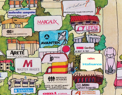 Rare Old Map of Silicon Valley, 1985 - Pictorial Chart of Mountainview, Sunnyvale, Cupertino, San Jose, Fremont