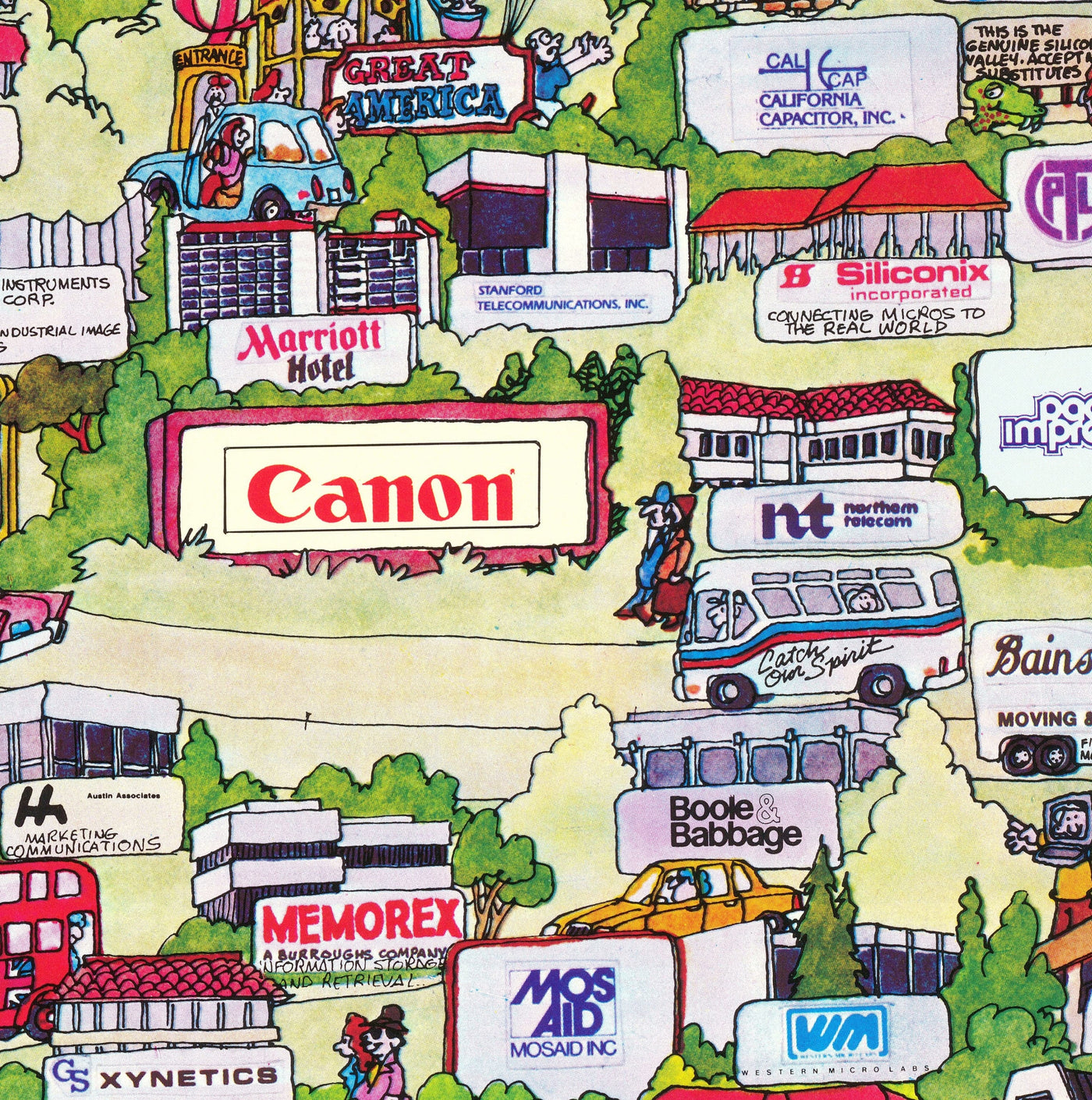 Rare Old Map of Silicon Valley, 1985 - Pictorial Chart of Mountainview, Sunnyvale, Cupertino, San Jose, Fremont