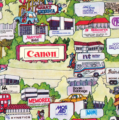 Rare Old Map of Silicon Valley, 1985 - Pictorial Chart of Mountainview, Sunnyvale, Cupertino, San Jose, Fremont