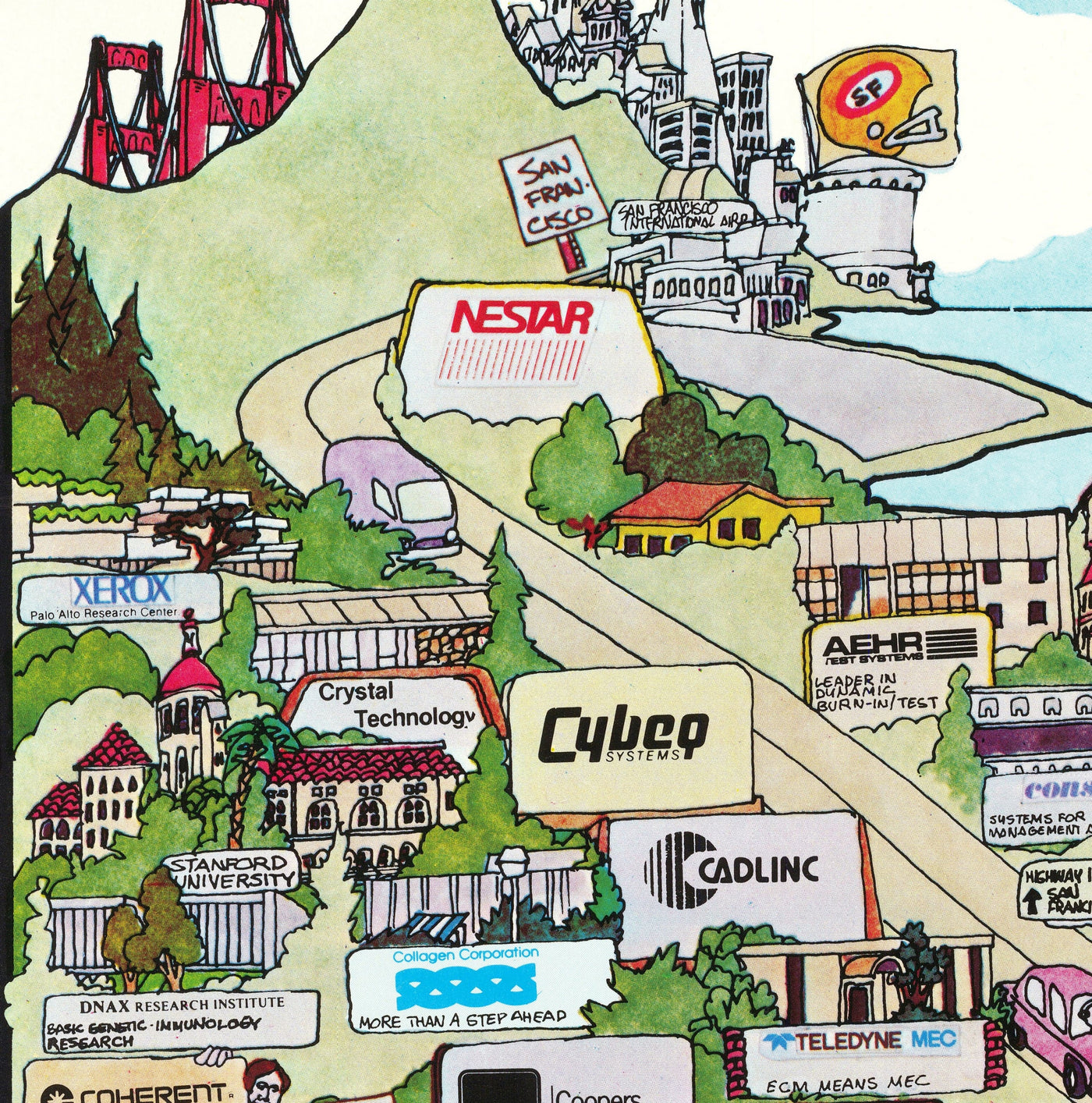 Rare Old Map of Silicon Valley, 1985 - Pictorial Chart of Mountainview, Sunnyvale, Cupertino, San Jose, Fremont