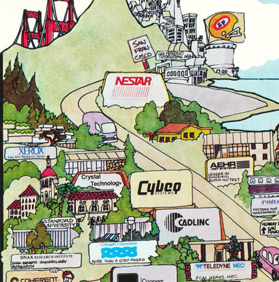 Rare Old Map of Silicon Valley, 1985 - Pictorial Chart of Mountainview, Sunnyvale, Cupertino, San Jose, Fremont