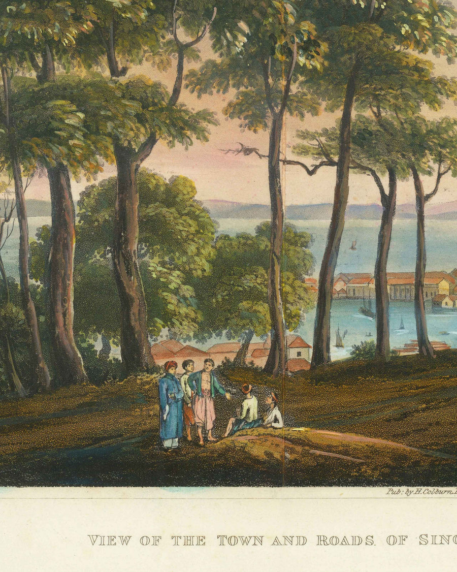 Mappa rara della vista precoce di Singapore nel 1828 di Robert Elliot - Colonia britannica, Stretto di Singapore, Marina Bay, Centro città 