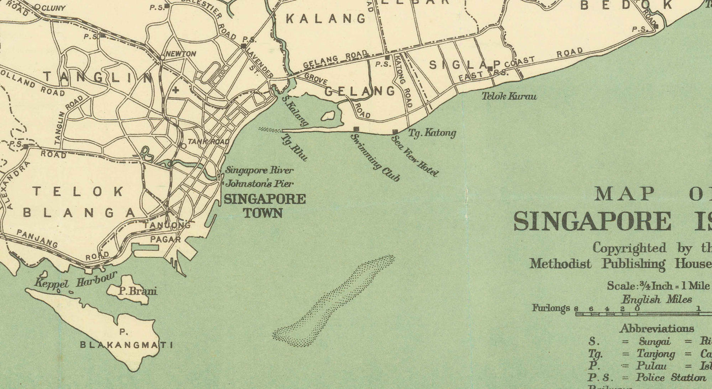 Old Map of Singapore Island, 1920 - Roads, Railway, Sembawang, Tampines, Tuas, Johor Bahru, Malaysia