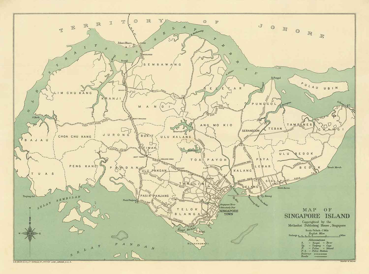 Old Map of Singapore Island, 1920 - Roads, Railway, Sembawang, Tampines, Tuas, Johor Bahru, Malaysia