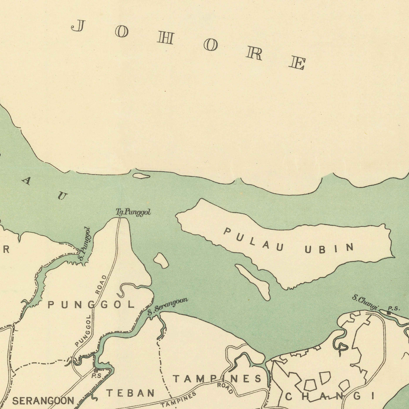 Old Map of Singapore Island, 1920 - Roads, Railway, Sembawang, Tampines, Tuas, Johor Bahru, Malaysia