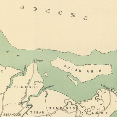 Old Map of Singapore Island, 1920 - Roads, Railway, Sembawang, Tampines, Tuas, Johor Bahru, Malaysia