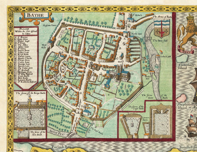 Old Map of Somerset in 1611 by John Speed - Bath, Portishead, Weston-super-Mare, Taunton