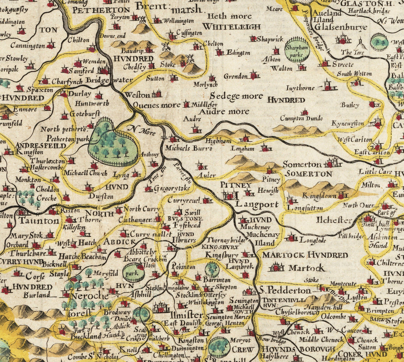 Old Map of Somerset in 1611 by John Speed - Bath, Portishead, Weston-super-Mare, Taunton