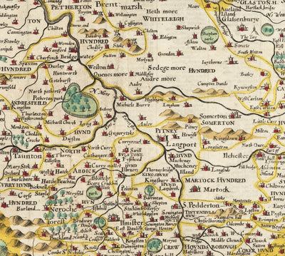 Old Map of Somerset in 1611 by John Speed - Bath, Portishead, Weston-super-Mare, Taunton