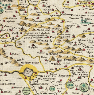 Old Map of Somerset in 1611 by John Speed - Bath, Portishead, Weston-super-Mare, Taunton