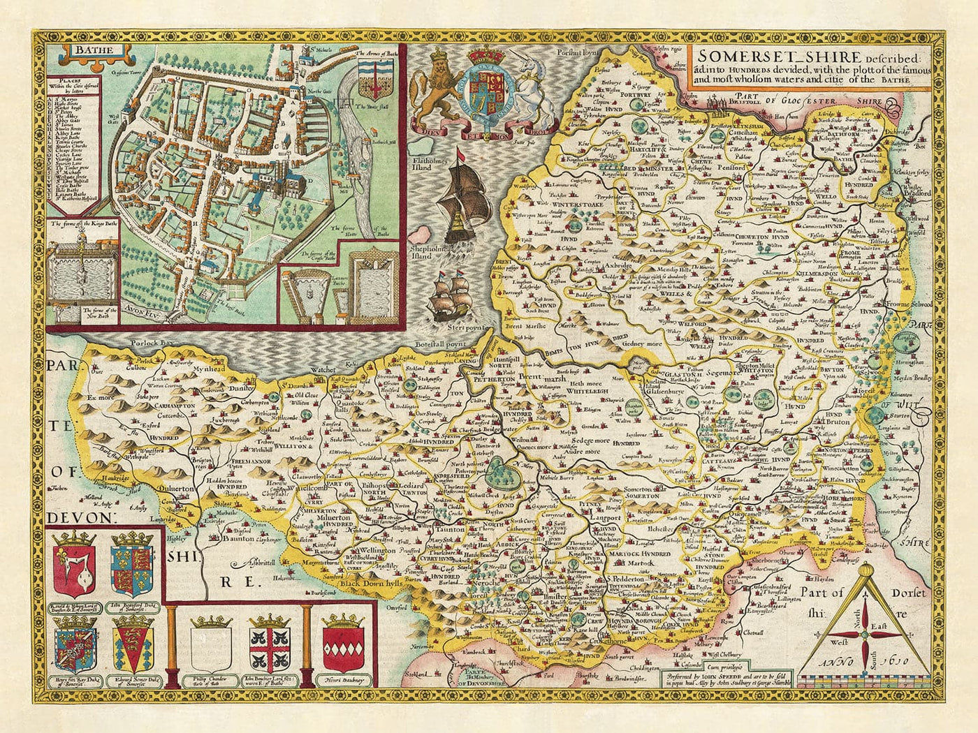 Old Map of Somerset in 1611 by John Speed - Bath, Portishead, Weston-super-Mare, Taunton