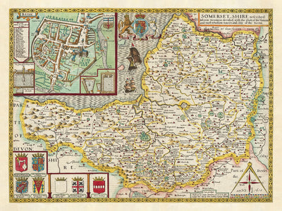 Old Map of Somerset in 1611 by John Speed - Bath, Portishead, Weston-super-Mare, Taunton