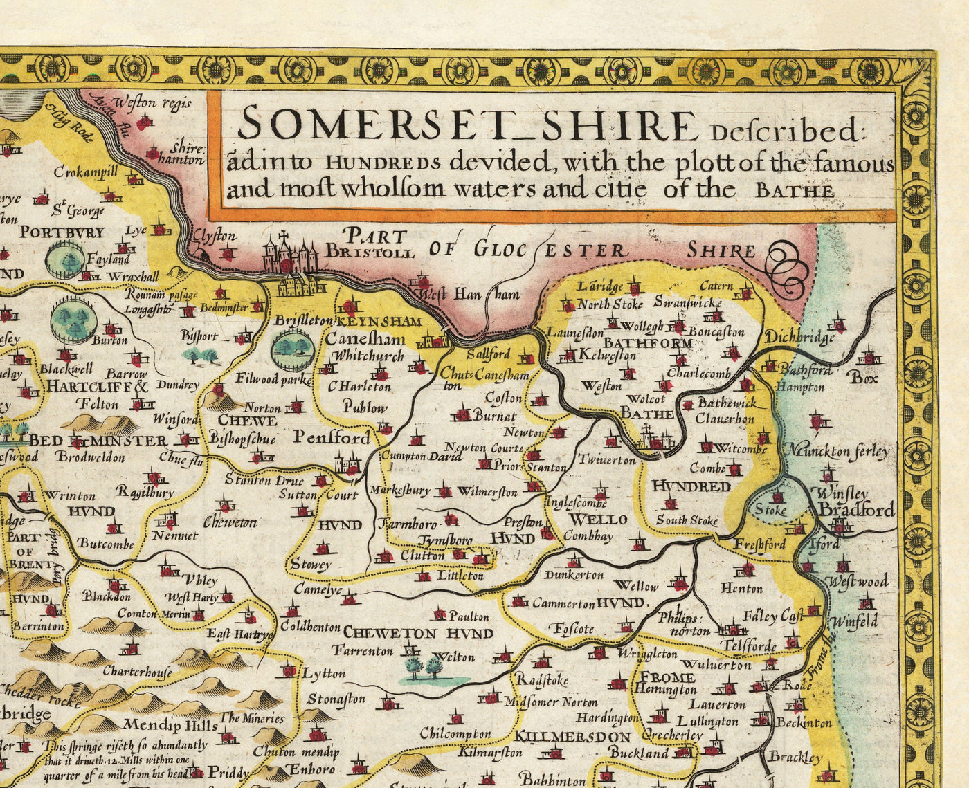 Old Map of Somerset in 1611 by John Speed - Bath, Portishead, Weston-super-Mare, Taunton