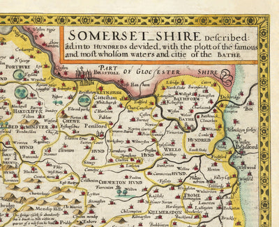 Old Map of Somerset in 1611 by John Speed - Bath, Portishead, Weston-super-Mare, Taunton