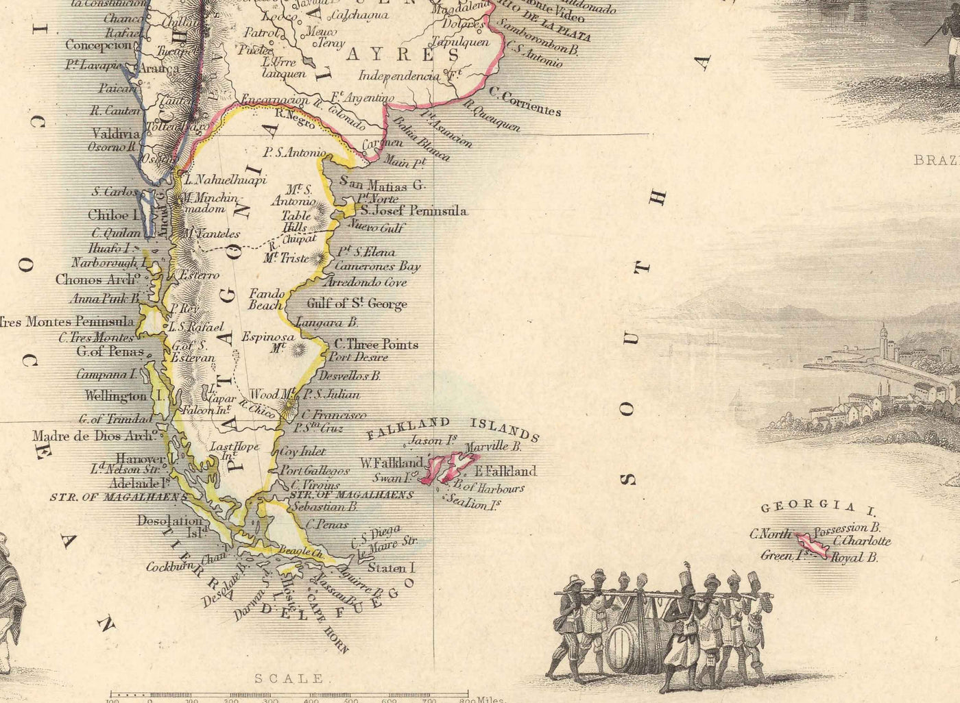 Mapa antiguo de América del Sur, 1851 por Tallis & Rapkin - Colonialismo portugués, Lavado de oro, Amazonas, Brasil, Colombia