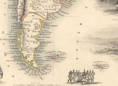 Mapa antiguo de América del Sur, 1851 por Tallis & Rapkin - Colonialismo portugués, Lavado de oro, Amazonas, Brasil, Colombia