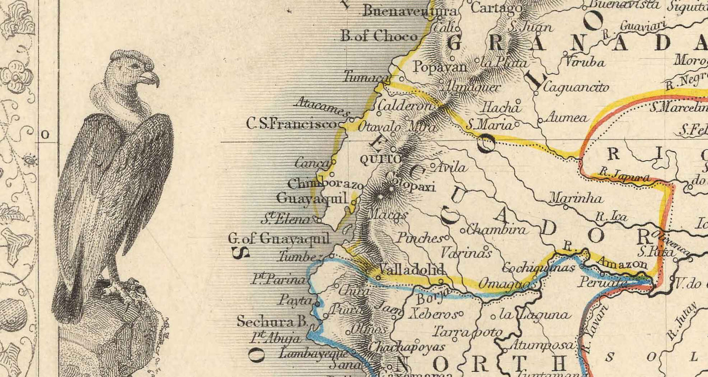 Mapa antiguo de América del Sur, 1851 por Tallis & Rapkin - Colonialismo portugués, Lavado de oro, Amazonas, Brasil, Colombia