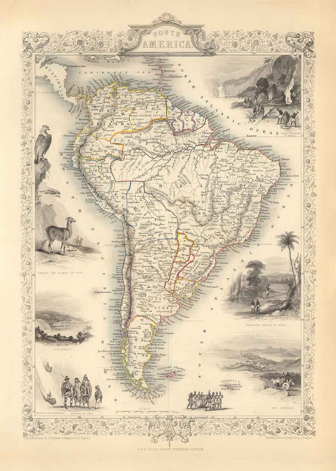 Mapa antiguo de América del Sur, 1851 por Tallis & Rapkin - Colonialismo portugués, Lavado de oro, Amazonas, Brasil, Colombia