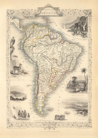 Mapa antiguo de América del Sur, 1851 por Tallis & Rapkin - Colonialismo portugués, Lavado de oro, Amazonas, Brasil, Colombia