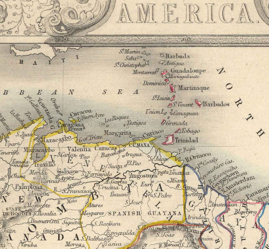 Mappa antica del Sud America, 1851 di Tallis & Rapkin - Colonialismo portoghese, lavaggio dell&