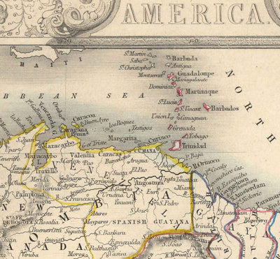 Mapa antiguo de América del Sur, 1851 por Tallis & Rapkin - Colonialismo portugués, Lavado de oro, Amazonas, Brasil, Colombia