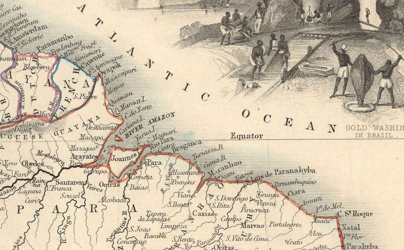 Mapa antiguo de América del Sur, 1851 por Tallis & Rapkin - Colonialismo portugués, Lavado de oro, Amazonas, Brasil, Colombia